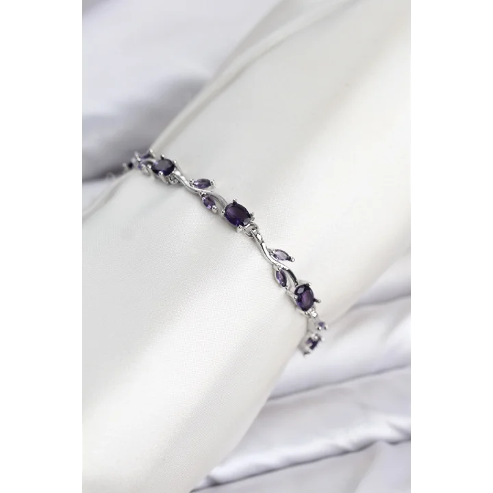 Mey İthalat® Pirinç Gümüş Renk Mor Zirkon Taşlı Çiçek Model Kadın Bileklik