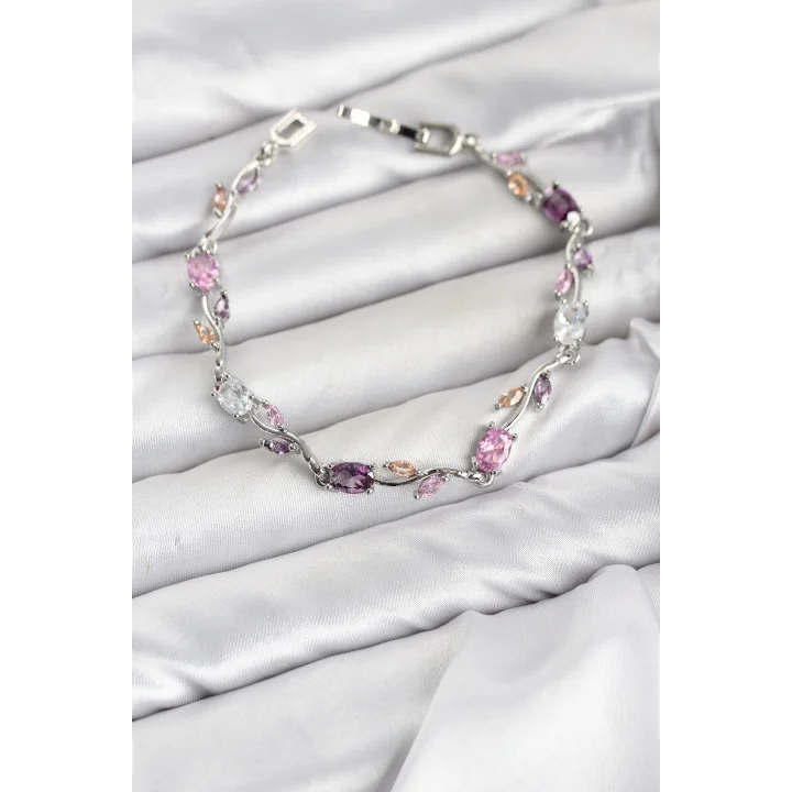 Mey İthalat® Pirinç Gümüş Renk Pembe ve Mor Zirkon Taşlı Çiçek Model Kadın Bileklik