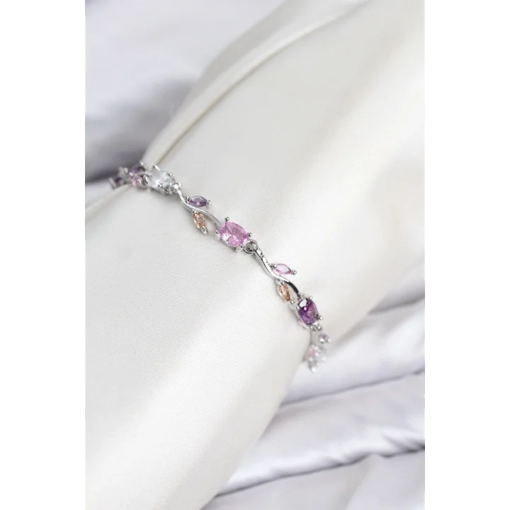 Mey İthalat® Pirinç Gümüş Renk Pembe ve Mor Zirkon Taşlı Çiçek Model Kadın Bileklik