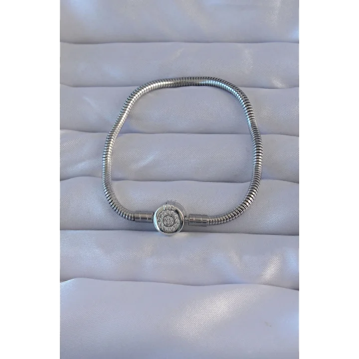 Mey İthalat® Pirinç Gümüş Renk Zirkon Taşlı Charm Bileklik