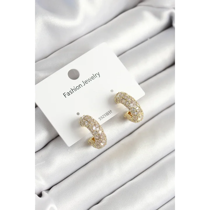 Mey İthalat® Pirinç Zirkon Taşlı Halka Model Gold Renk Kadın Küpe