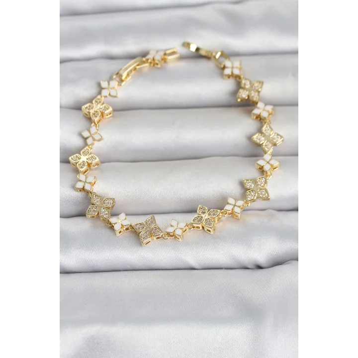Mey İthalat® Pirinç Zirkon Taşlı ve Mineli Yonca Model Gold Renk Kadın Bileklik