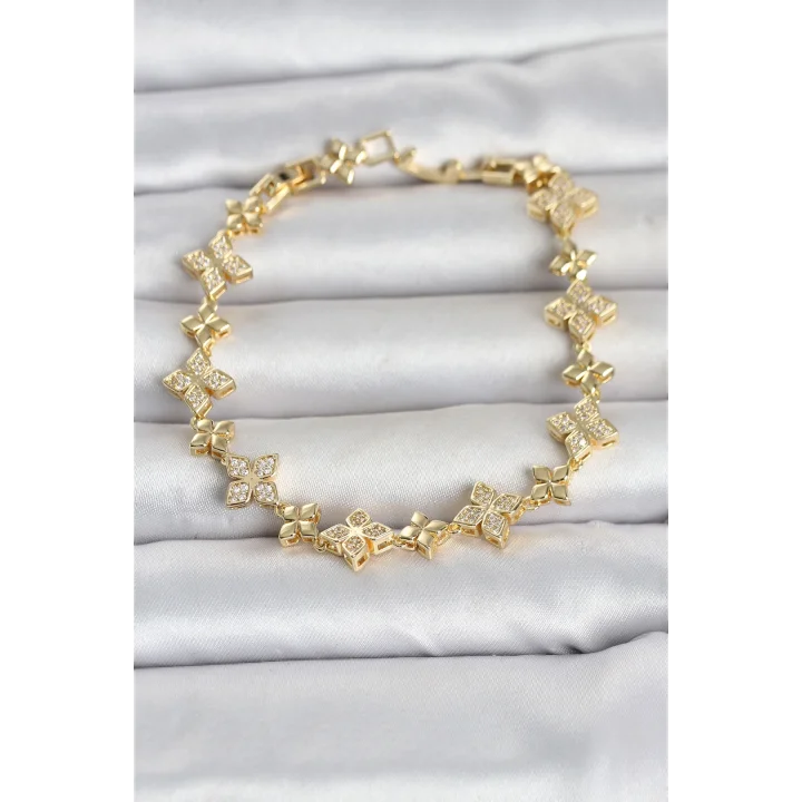 Mey İthalat® Pirinç Zirkon Taşlı Yonca Model Gold Renk Kadın Bileklik