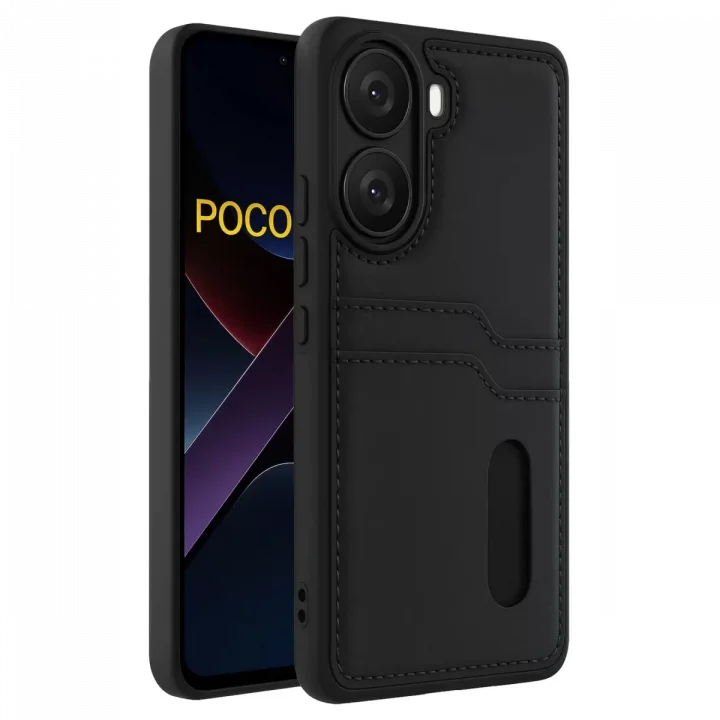 Mey İthalat®   Poco X7 Pro Kılıf Sara Kartvizitli Deri Kılıf - Siyah