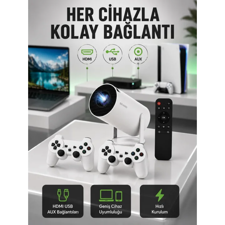 Mey İthalat® Portatif 4K Projeksiyon – 4.000 Uygulama, Kablosuz Yansıtma ve Bluetooth 5.0 Yeni Nesil