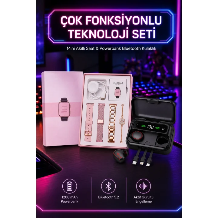 Mey İthalat® Powerbank Özellikli Bluetooth Kulaklık ve Nabız Ölçer Akıllı Saat Bileklik Hediyeli