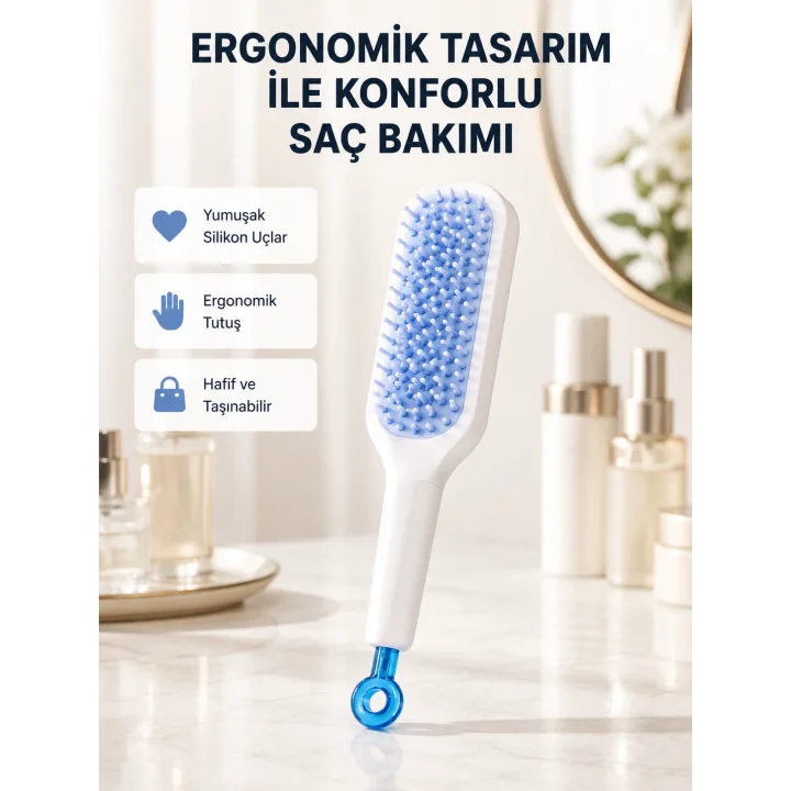 Mey İthalat® Pratik Mekanizmalı Saç Tarağı – Kendi Kendini Temizler, Taşınabilir