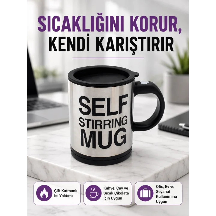 Mey İthalat® Pratik ve Dayanıklı Termos Kupa | Tek Tuşla Otomatik Karıştırma