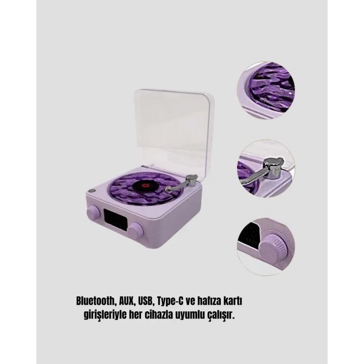 Mey İthalat® Projektör Işıklı Retro Hoparlör Bluetooth AUX USB Hafıza Kartlı 360° Sesli Şarjlı