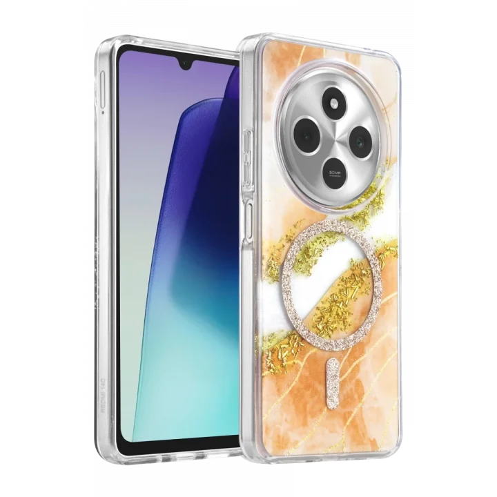 Mey İthalat®   Redmi 14C Lotus Simli Magsafe Kapak - Turuncu