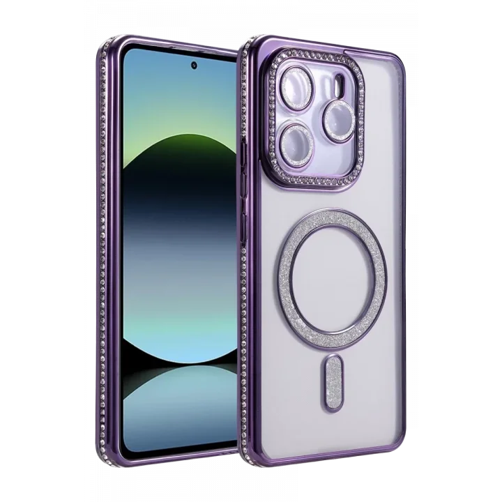 Mey İthalat®   Redmi Note 14 4G Joke Simli Magneticsafe Kılıf - Derin Mor
