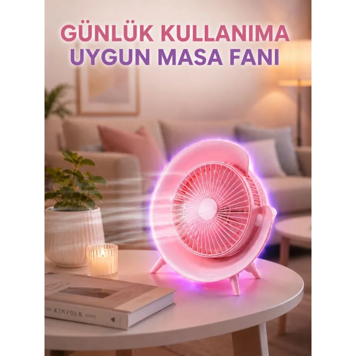 Mey İthalat® Renkli Ambiyans Işıklı Taşınabilir Masaüstü Vantilatör