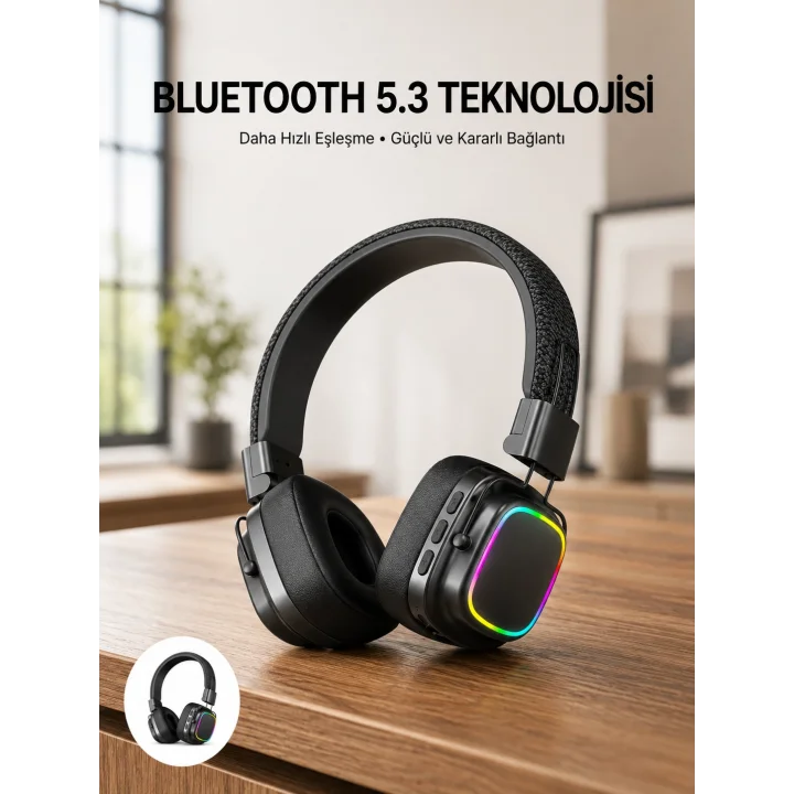 Mey İthalat® Renkli Işık Efektli Bluetooth 5.3 Müzik Kulaklığı Yeni Nesil