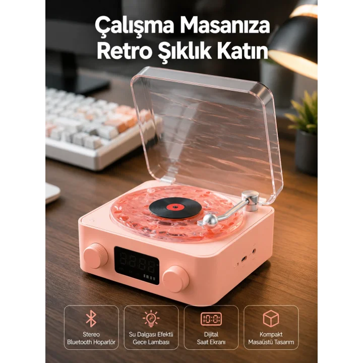 Mey İthalat® Retro Bluetooth Hoparlör – Kristal Ses, Gece Lambası, Saatli Tasarım Yeni Nesil
