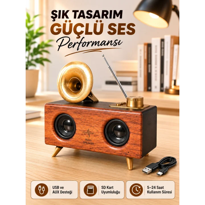 Mey İthalat® Retro Gramofon Tasarımlı Bluetooth Hoparlör – 3D Stereo Ses, 1800 mAh Batarya