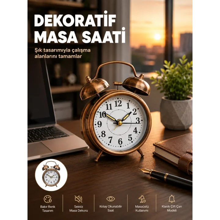 Mey İthalat® Retro Tarz Bronz Dekoratif Masa Saati Metal Gövde Yüksek Sesli Alarm