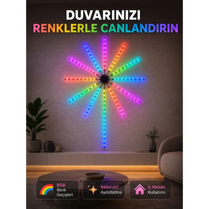Mey İthalat® RGB Fireworks LED Duvar Aydınlatması Telefon Kontrollü Dekoratif Ortam Işığı