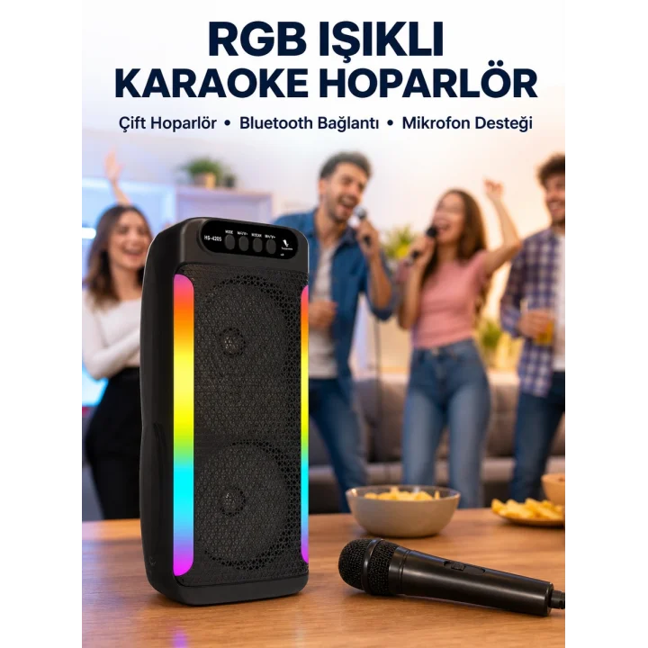 Mey İthalat® RGB Işıklı Çift Hoparlörlü Taşınabilir Bluetooth Speaker ve Mikrofon Yeni Nesil