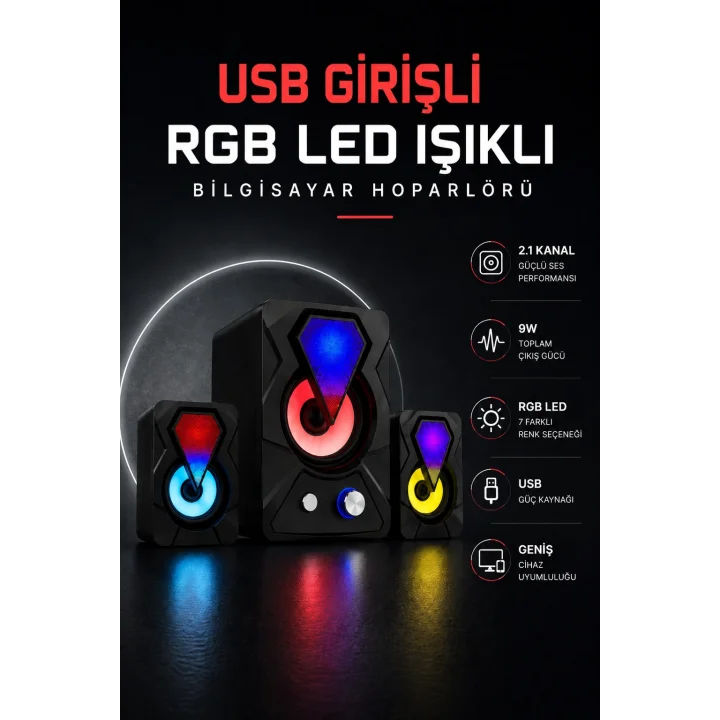 Mey İthalat® RGB LED AYDINLATMALI USB BİLGİSAYAR OYUN HOPARLÖRÜ