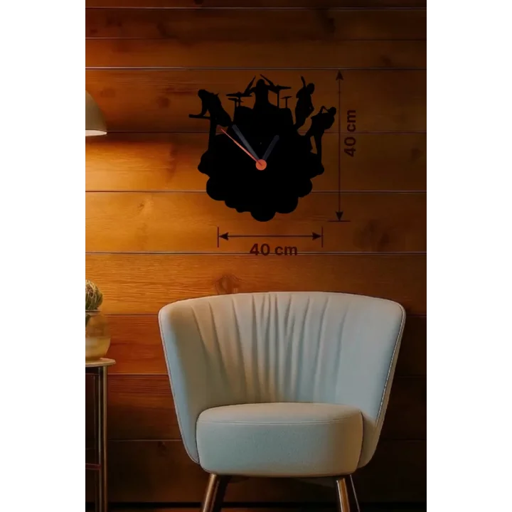 Mey İthalat® Rock Band ve Müzik Temalı Ahşap Duvar Saati - 40x40 cm Lazer Kesim