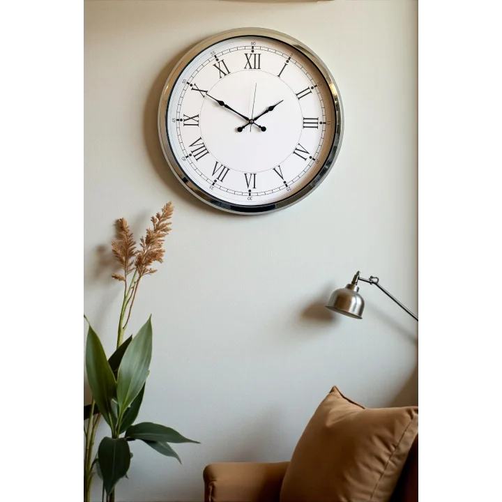 Mey İthalat® Roma Zarafeti Krom 52 Cm Metal Duvar Saati