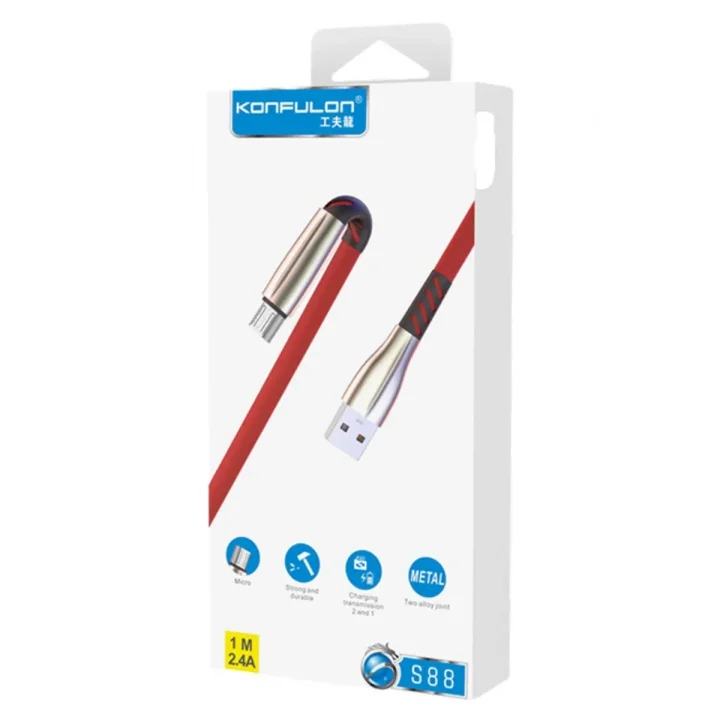 Mey İthalat®  S88 Metal Uçlu Micro USB Kablo 1M 2.4A - Kırmızı