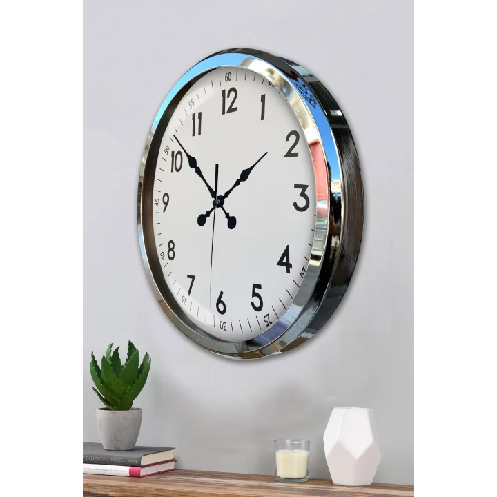 Mey İthalat® Sade Ve Şık Krom 52 Cm Metal Dekoratif Duvar Saati