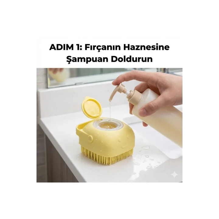 Mey İthalat® Şampuan Hazneli Kedi Köpek Yıkama Fırçası - Silikon Masaj Tarağı ve Evcil Hayvan Banyo Aparatı