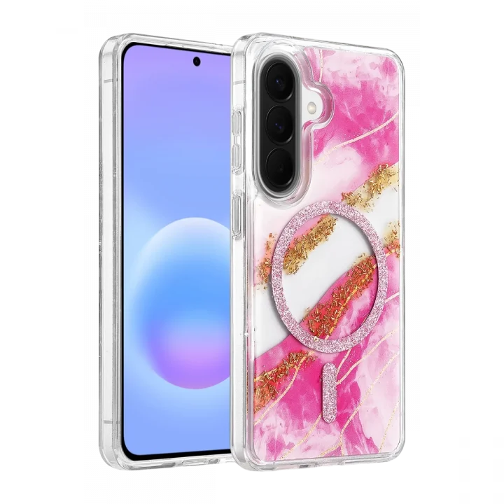 Mey İthalat®  Samsung Galaxy A56 Lotus Simli Magsafe Kapak - Pembe