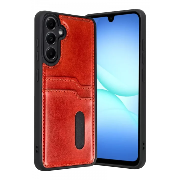 Mey İthalat®  Samsung Galaxy A57 5G Sara Kartvizitli Deri Kılıf - Kırmızı