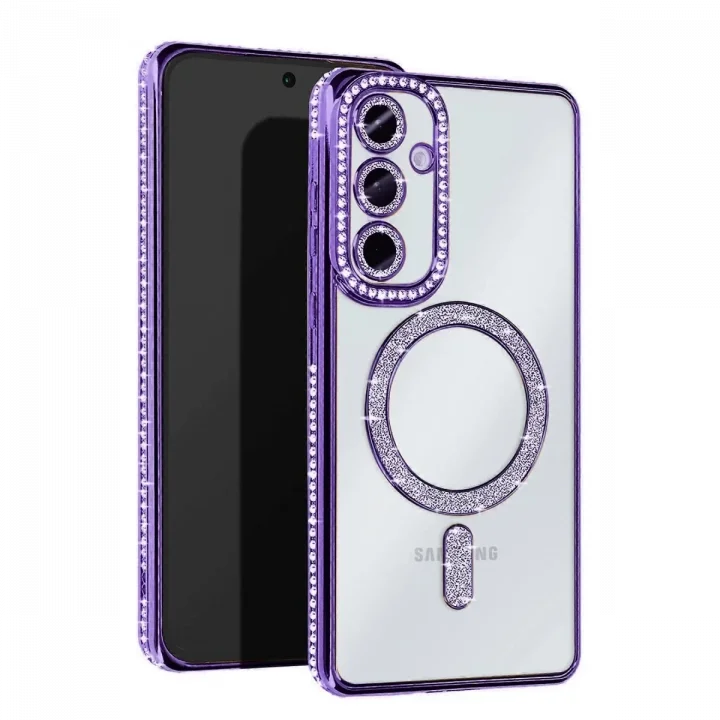 Mey İthalat®  Samsung Galaxy S25 Kılıf Joke Simli Magneticsafe Kılıf - Derin Mor