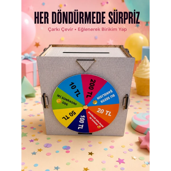 Mey İthalat® Şans Çarklı Tasarruf KutusuAhşap Para Biriktirme Oyunu