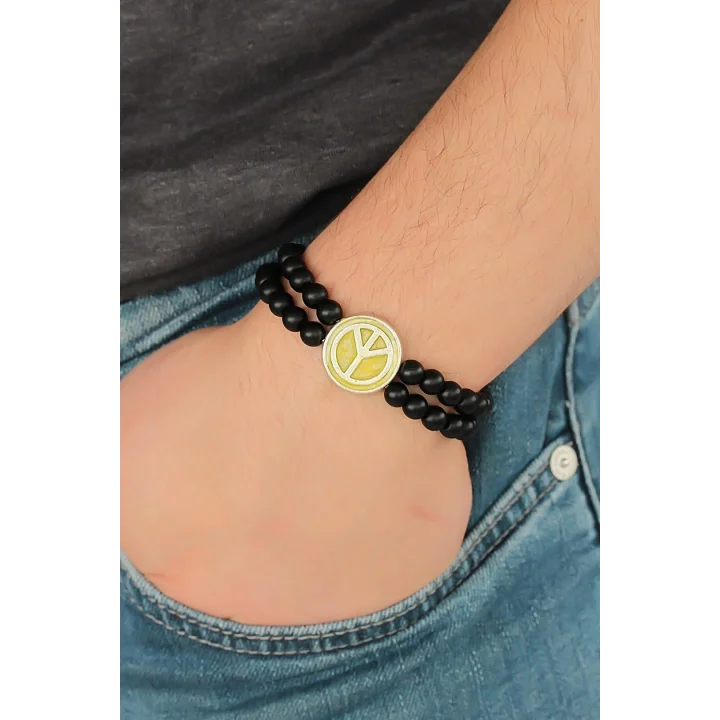 Mey İthalat® Sarı Metal Barış Simgesi Tasarımlı Siyah Renk Mat Oniks Doğal Taş Erkek Bileklik