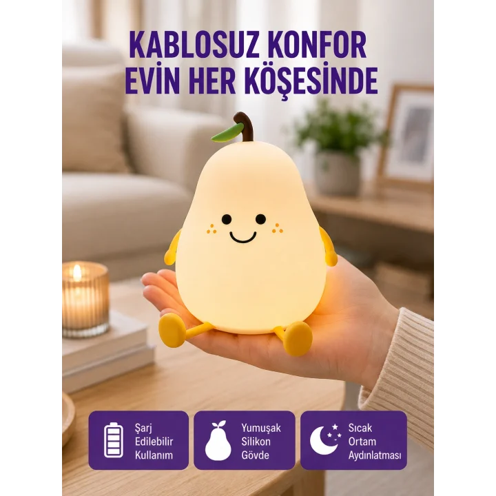 Mey İthalat® Şarjlı Armut Masa Lambası Renk Değiştiren LED Gece Işığı