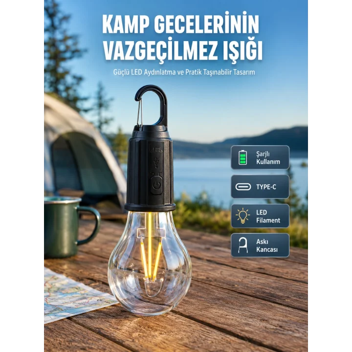Mey İthalat® Şarjlı Aydınlatma Ampul Tasarımlı Ambians Işık Askılı Kamp Lambası
