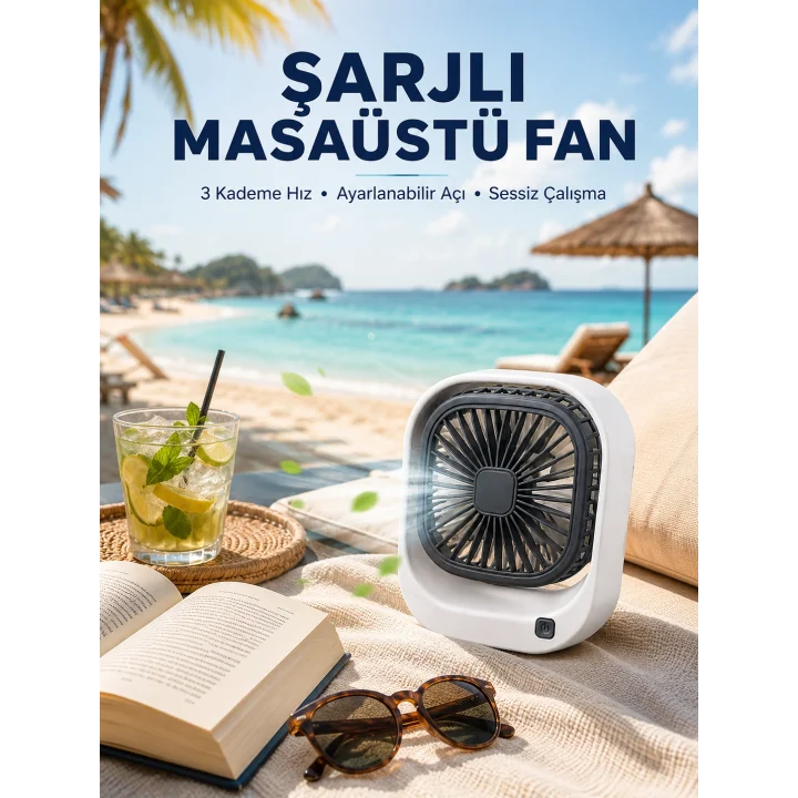 Mey İthalat® Şarjlı Masaüstü Fan 3 Kademeli Hız Ayarlı Güçlü Hava Akışı