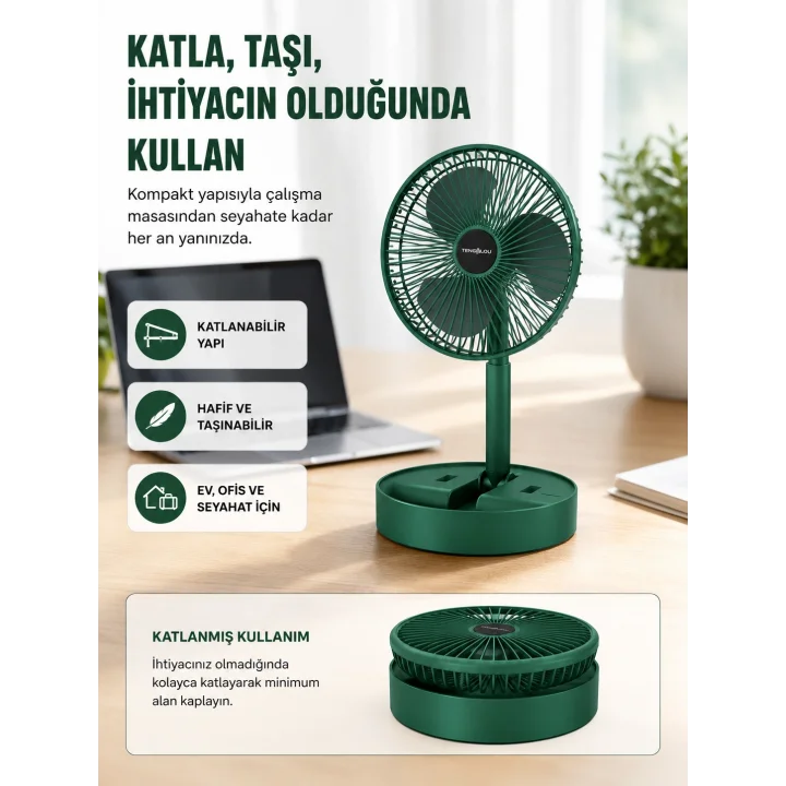 Mey İthalat® Şarjlı Mini Fan Katlanabilir 3 Hız Ayarlı Taşınabilir Tasarımlı
