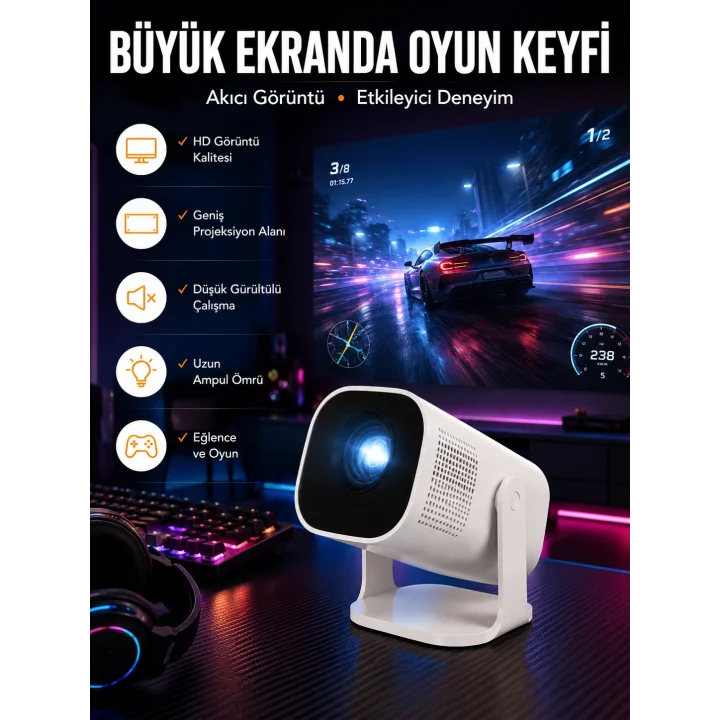 Mey İthalat® Şarjlı Projeksiyon Oyun Sinema Projektörü 4K HD Görüntü Kaliteli Yeni Nesil