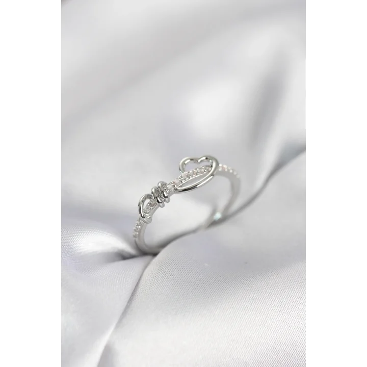 Mey İthalat® Sarmal Kalp Model Zirkon Taşlı Gümüş Renk Kadın Yüzük