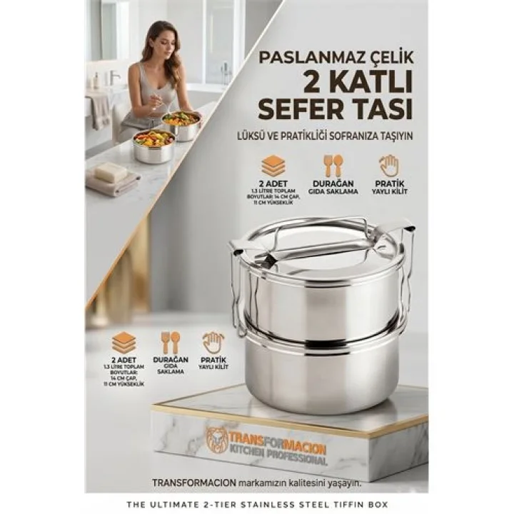 Mey İthalat® Sefer Tası Yemek Kabı Paslanmaz Çelik 2 Katlı 14 cm 1.3 LİTRE 721365