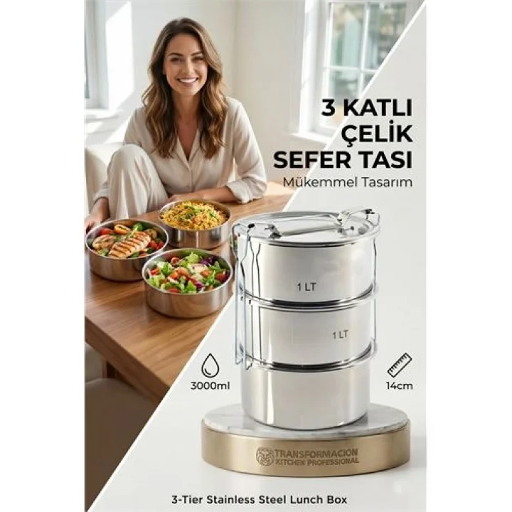Mey İthalat®  Sefer Tası Yemek Kabı Paslanmaz Çelik 3 Katlı 14 cm 3 LİTRE 721366
