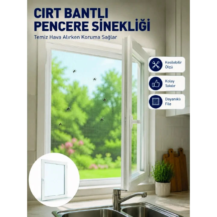 Mey İthalat® Şeffaf File Yapılı Cırt Bantlı Pencere Sinekliği Pratik Kullanım