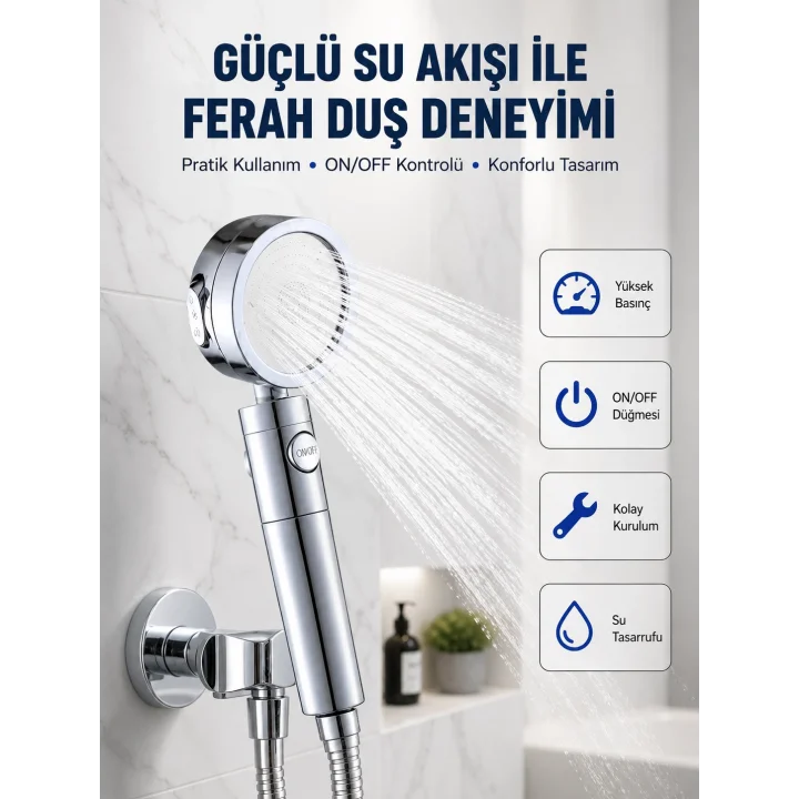 Mey İthalat® Şelale Sisi ve Masaj Özellikli Banyo Duş Başlığı