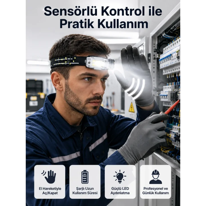 Mey İthalat® Sensörlü Kamp Lambası Ayarlanabilir Kafa Lambası Kafa Bantlı