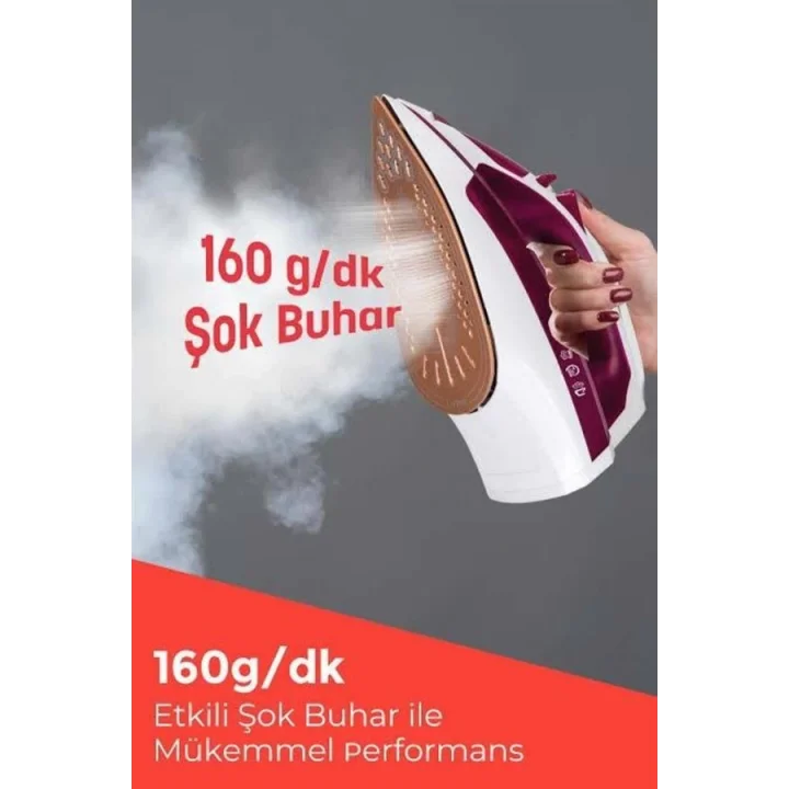 Mey İthalat® Seramik Tabanlı Kırmızı 2200 Watt Şok Buharlı Ütü Yeni Nesil