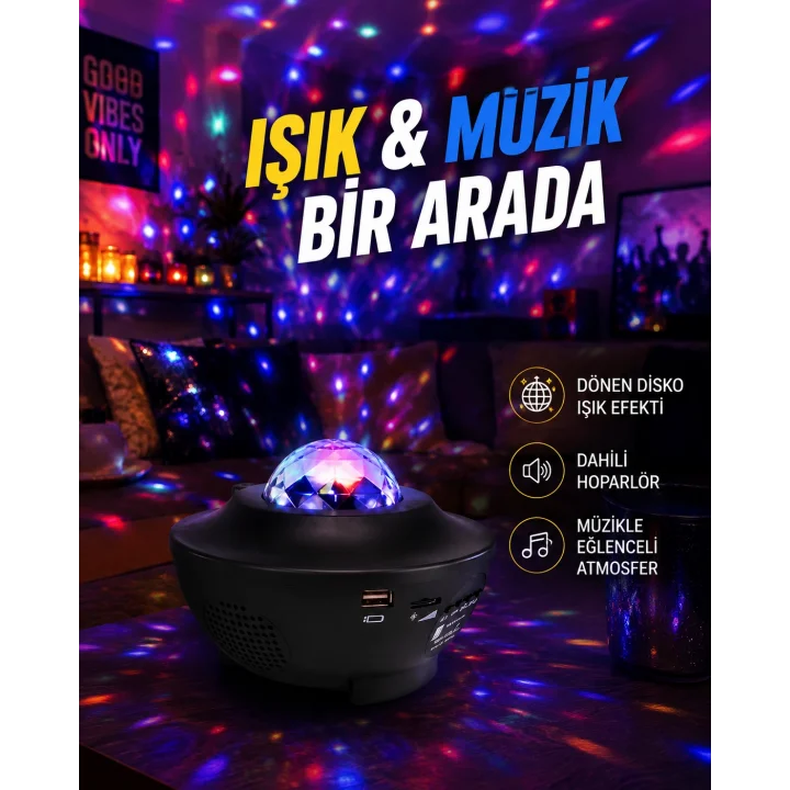 Mey İthalat® Sesle Etkileşimli Yıldız Projektörlü Gece Lambası – Bluetooth Hoparlörlü, USB Girişli, Dönen Okyanus