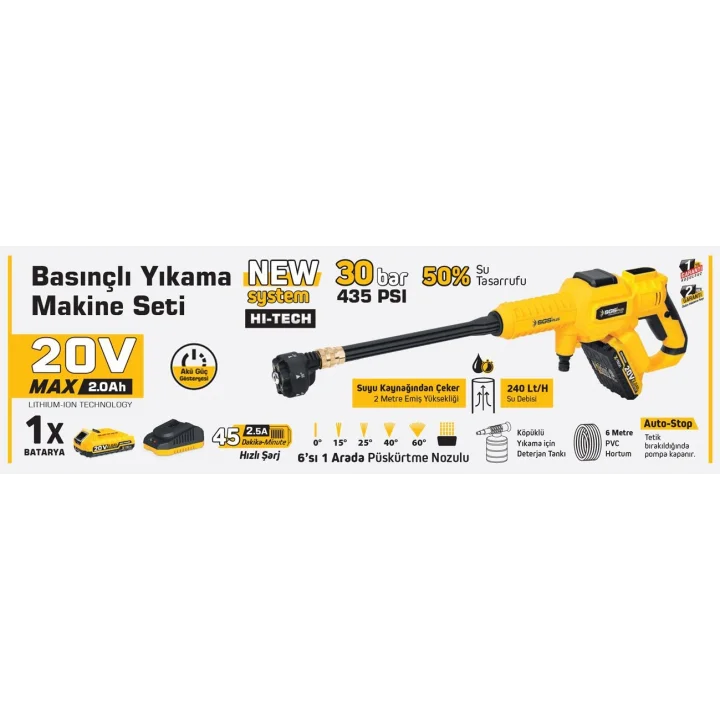 Mey İthalat® Sgs 5410 Akülü Basınçlı Oto Araba Bahçe Yıkama Tabancası Seti 30 Bar