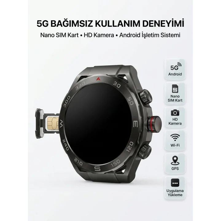 Mey İthalat® SIM Kartlı 5G Android Akıllı Saat HD Kamera Wi-Fi GPS Uygulama Yükleyebilen