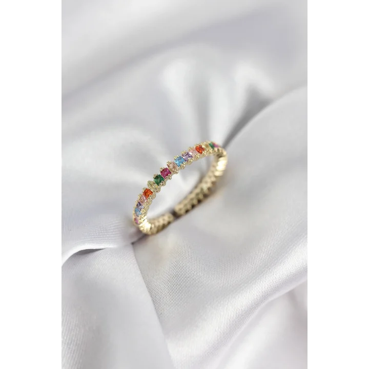 Mey İthalat® Sıralı Karışık Renkli Gold Renk Zirkon Taşlı Kadın Yüzük