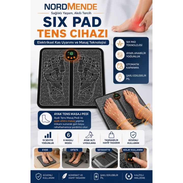 Mey İthalat®  Six Pad ve Ayak TENS Cihazı | Dijital Ekran | Ayak Tens Pedi | Elektrot Pedli | Şarjlı Kas Uyarım Cihazı